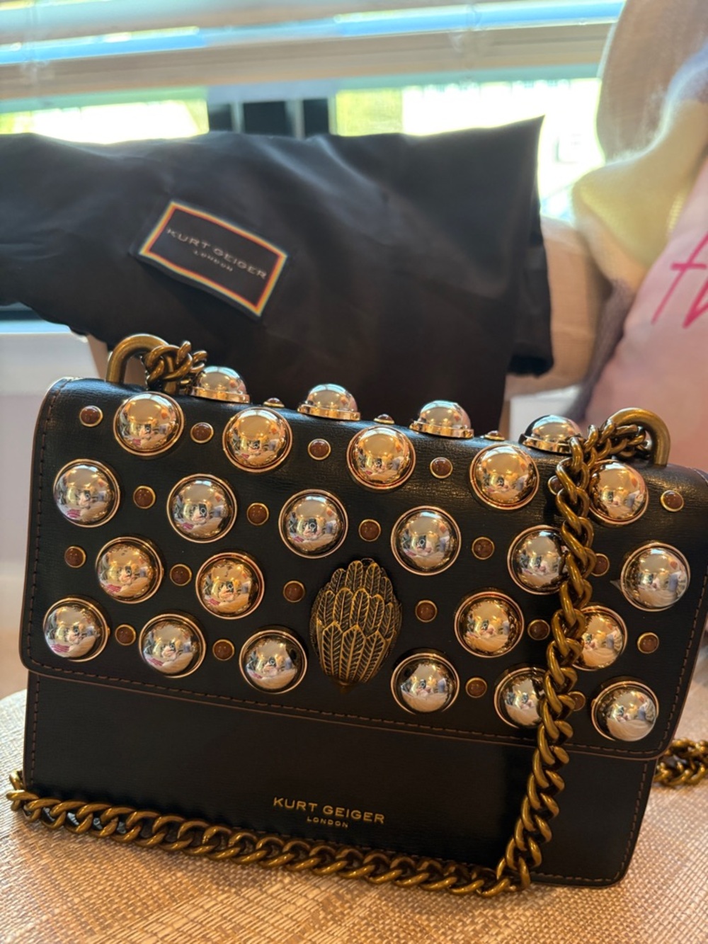 Kurt Geiger Black Leather Chain Shoulder Bag with Gold Studs